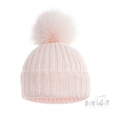 H712-BP: Pink Ribbed Hat with Glitter Pom Pom (0-12M)